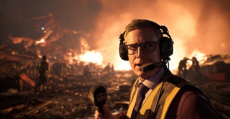 Reporter at a disaster scene, delivering news amidst smoke and debris, with a microphone and headset, providing eyewitness coverage.