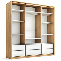 Fototapeta premium wardrobe with white shelves and natural wood frame, isolated on white background