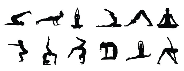 Women yoga silhouette collection in black. Set of yoga poses. Black girl makes yoga exercise