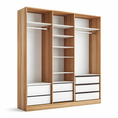 Fototapeta premium wardrobe with white shelves and natural wood frame, isolated on white background