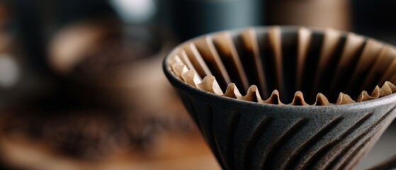 Closeup of ceramic pour over coffee dripper with paper filter, showcasing the art of manual brewing and specialty coffee preparation