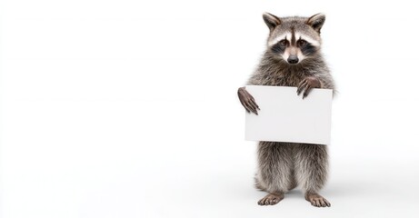 A furry raccoon standing upright on a white background, holding a blank white sign for your message or design, looking directly forward.