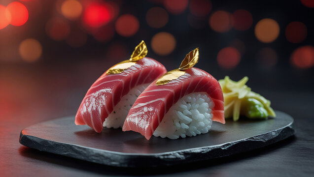 Premium menu tuna sushi nigiri with edible gold accents. Minimalist presentation highlights fish quality. Ideal for high-end Japanese restaurant menus.