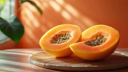Exotic Delight: Sun-Kissed Papaya Halves on a Rattan Tray Bathed in Warm Natural Light, a Tropical Still Life with Focus on Texture and Vivid Color