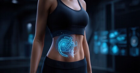 Fitness and Digestive Health: A woman in athletic wear showcases a futuristic, glowing digestive system around her abdomen. Science and fitness merge.