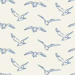 Seagulls seamless pattern. Flock of flying birds seamless pattern on a light background. Hand drawn blue line art vector illustration for fabric, wrapping paper, packaging, nautical design, wallpaper.
