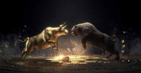 Golden bull and bear face off above a glowing, stylized circuit board, symbolizing financial market trends and the struggle for dominance.