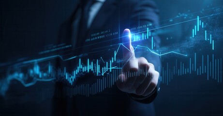 Financial technology: A professional interacts with data graphs displayed on a screen to examine investment performance and market trends.