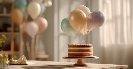 Celebration cake on a wooden table indoors with pastel balloons tied to the top as a gift. Background is a window with sunlight shining.