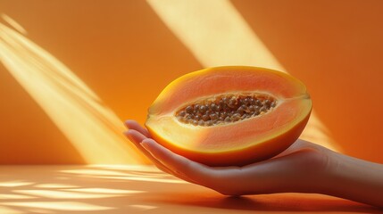 Vibrant orange papaya half cradled in hand on a sunlit backdrop portraying tropical refreshment and healthy lifestyle with minimalist artistry