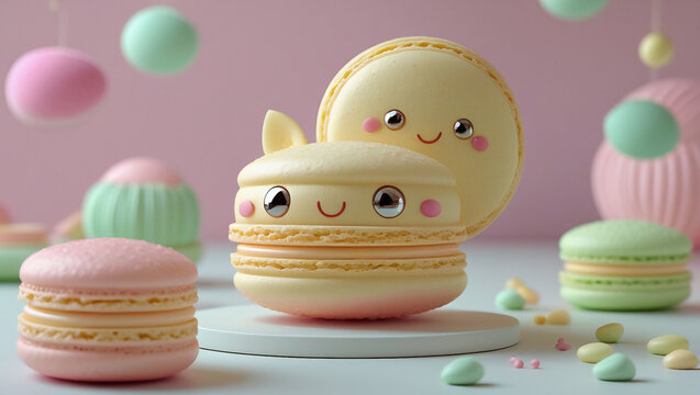 3D kawaii macaron character with big shiny eyes and pastel shell. Perfect for digital food art, game assets, and cute branding.