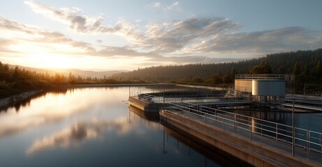 Tranquil water treatment facility at sunset reflects soft light. Essential infrastructure merges seamlessly with the natural landscape.