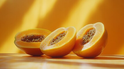 Golden Papaya Halves Bathed in Light, a Culinary Delight of the Tropics with Exquisite Texture and Sunny Hue, a Refreshing and Vibrant Still Life