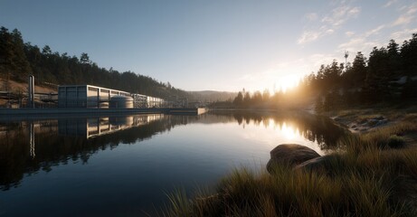 Lakeside industrial buildings in the forest illuminated by the rising sun, reflecting on the still water in the morning.