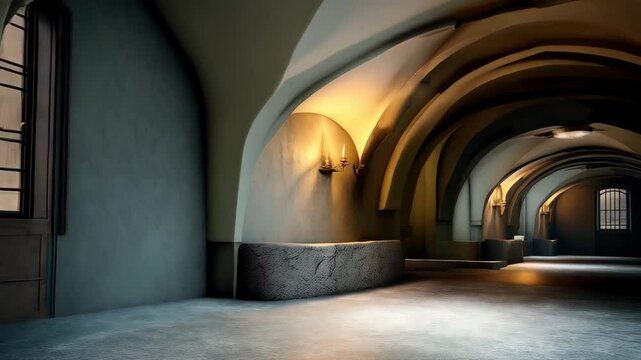 Abstract illustration of a cavernous interior with arched ceilings, recessed lighting and stone benches along walls, creating a dungeon-like atmosphere