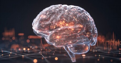 Digital brain rendering with glowing connections symbolizing intelligence, data processing, neural networks, and artificial intelligence concepts.