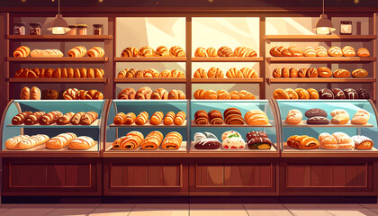 A colorful display of freshly baked breads and pastries in a modern bakery showcasing warmth and freshness.