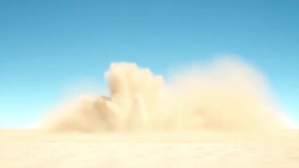 Sand and dust cloud explosion rising in dry desert under clear blue sky sunlight