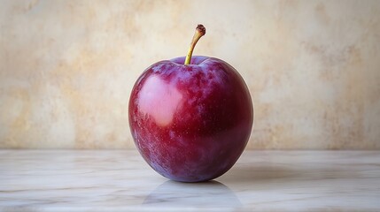 A vibrant single plum presents its deep purple hue against a neutral textured backdrop on a reflective surface in a studio setting