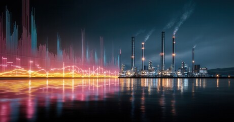 Industrialization's Data Reflection: Depicting energy production and data analytics through reflections on water under a dark sky.