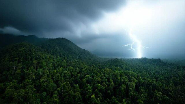 Lightning storm and thunderstorm with dark clouds over green forest and lightning strikes