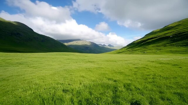Green grass field and mountain valley under cloudy sky with soft sunlight and distant clouds