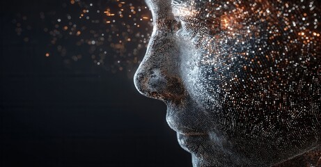 Abstract rendering of a human face made of tiny, shimmering particles. Dark background with floating, glowing particles creates ethereal vibe.