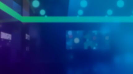 Blurry interior view of a modern, technological space with glowing lines and circles