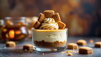 Mini Biscoff cheesecake in glass jar with cookie crust and chunky caramel topping. Rustic warm tones enhance cozy, inviting appeal. Perfect for dessert blogs.
