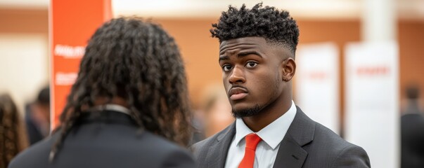 Two professionally dressed men engage in conversation at what appears to be a business or networking event.