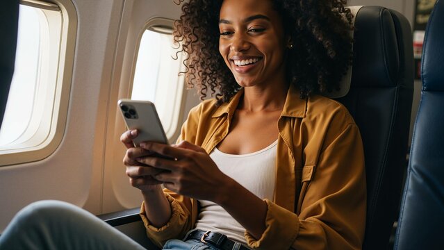African American woman using mobile phone during the flight in the airplane - Powered by Adobe