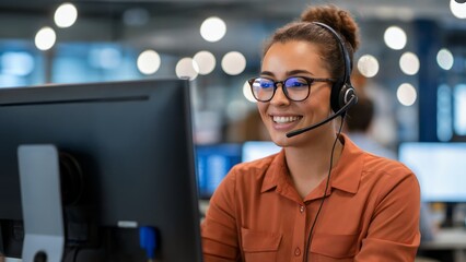Smiling businesswoman wearing headset using computer, concept for customer service, communication, and business support