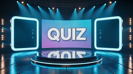 Futuristic quiz show stage design with neon lighting and large screen displaying 'QUIZ', concept for game show, television production, or event backdrop