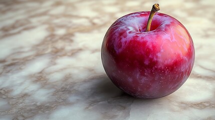 Elegant Close-up of a Crimson Plum Resting on a Marble Surface, Emphasizing Textural Contrasts and Vivid Colors for Commercial Applications