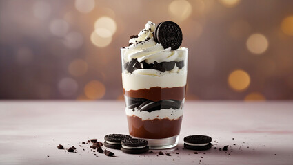 Playful Oreo dessert glass with mosaic cookie layers and velvety pudding. Soft shadows accentuate appetizing colors. Ideal for bakery advertising.