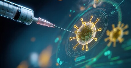 Syringe pierces glowing coronavirus, highlighting medical innovation and pandemic response, set against a high-tech digital backdrop.