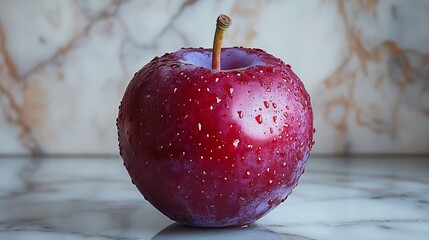 Vibrant and Refreshing Plum with a Glossy Surface, Resting on a Marble Surface, Exuding Freshness and Visual Appeal for Healthy Eating Concepts