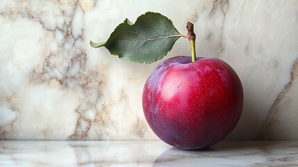 A Ripe Plum with a Leaf Nestled Against a Marble Background, Inviting a Moment of Simple Appreciation and Natural Beauty