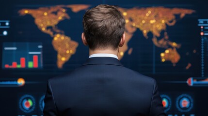 A businessman analyzes global data on a digital world map with graphs and statistics displayed on a large screen.