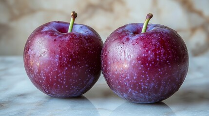 Dual Delight: A Study of Two Ripe Plums Exhibiting Vibrant Color and Freshness on a Marble Surface, Capturing the Essence of Summer's Bounty