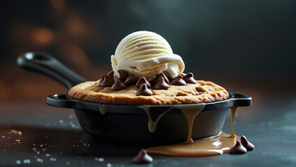 Gooey chocolate chip cookie in cast-iron skillet with melting vanilla ice cream. Dark moody background enhances warm, indulgent atmosphere. Perfect for dessert menus and food blogs.