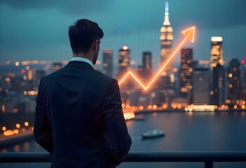 Naklejka na ściany i meble Businessman Viewing Digital Graph Overlay with City Skyline at Dusk 