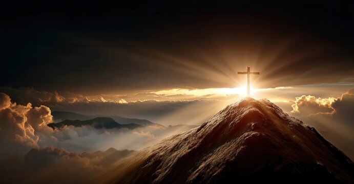 Radiant cross atop mountain peak piercing through stormy skies, symbolizing hope, faith, and resilience against life's storms.