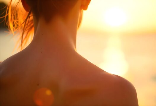 Woman’s Bare Back Facing Sunset Light in Serene Outdoor Setting