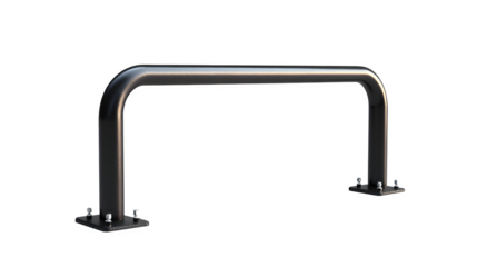 A detailed depiction of one standard U-shaped bicycle rack made of painted steel, showing mounting base, isolated on Transparent background.