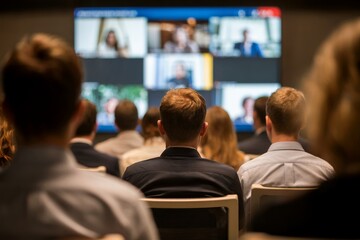 Fototapeta premium Audience viewing a large screen displaying multiple video conference calls, concept for business presentations and corporate training