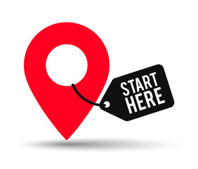 Red banner start here with pin location and hanging tag icon. For logo, label, tag, sign, badge, stamp, sticker, banner, button. Vector Illustration