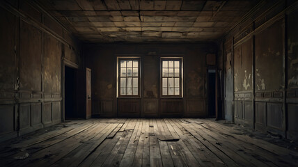 Abandoned old building interior: an empty, dark room with a grunge wooden floor and a decaying concrete wall, lit by a distant window