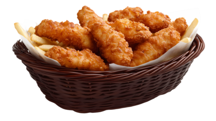 A basket filled with golden fried chicken tenders and french fries on a white background paper liner isolated on transparent background
