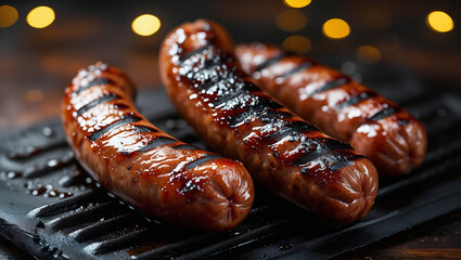 uicy grilled sausage with charred marks and glistening caramelized skin. Moody golden bokeh backdrop. Perfect for gourmet BBQ promotions.